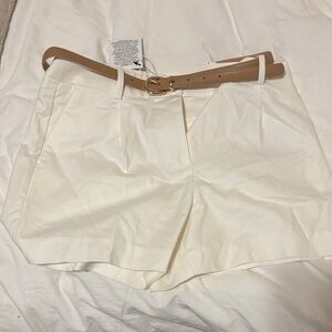 Zara High Waist Cream Shorts with Tan Belt